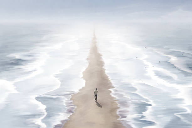 bildbanksillustrationer, clip art samt tecknat material och ikoner med illustration of man walking in the beach between two blue seas, surreal abstract path concept - religion