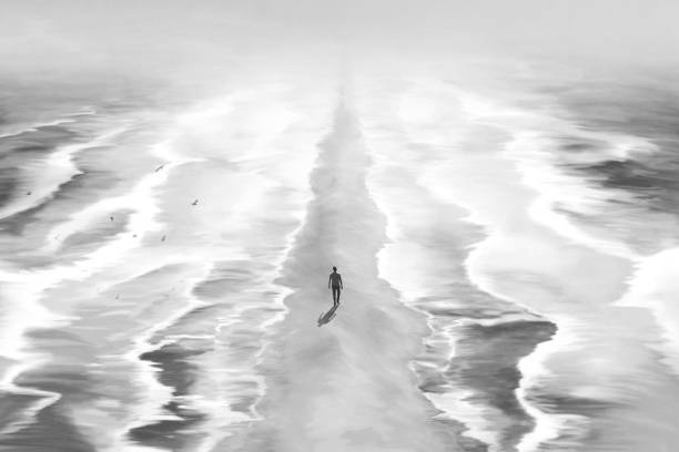 istock Illustration of lonely man walking between two seas, surreal abstract concept 1446872648