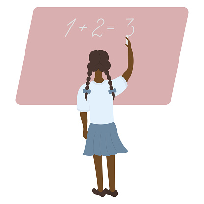 The schoolgirl writes on the blackboard with chalk. A student solves a math problem. Vector illustration. African American girl with pigtails, view from the back.School theme. Flat style. Isolated background. Illustration for web design.