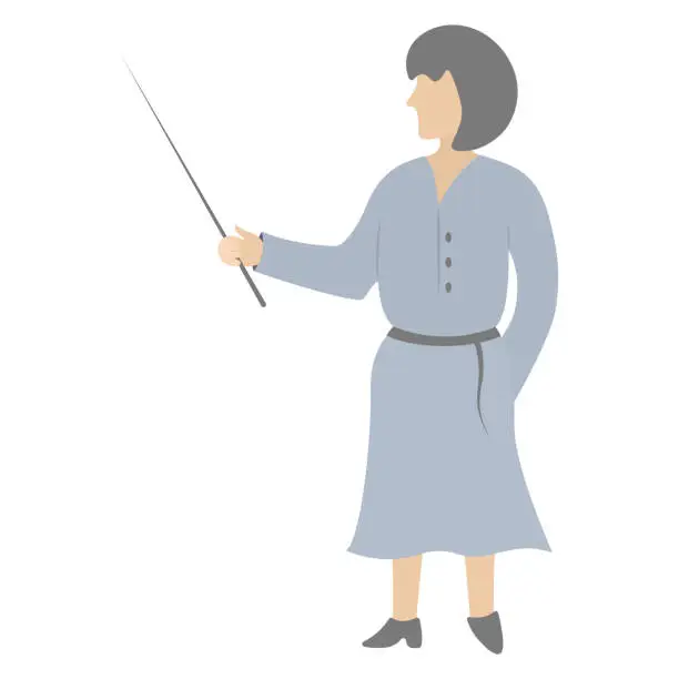 Vector illustration of A female teacher in a flat style leads a lesson at school and holds a pointer in her hands