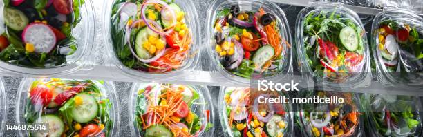 Boxes With Prepackaged Vegetable Salads In A Commercial Fridge Stock Photo - Download Image Now