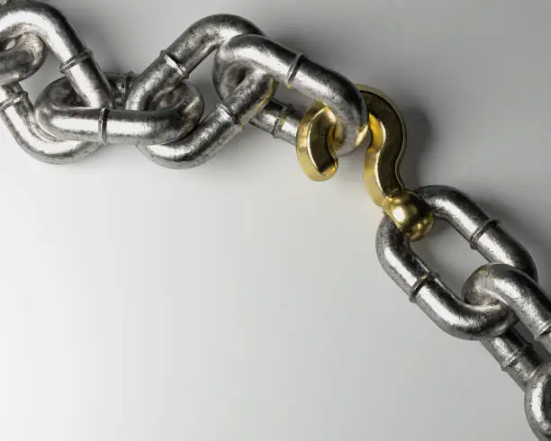 A worn metal chain with a gold question mark as one of its links on an isolated background - 3D render