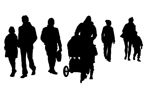 Vector silhouettes of young people in warm winter clothes on a walk isolated on a white background. A man with a pram, a girl with her father, 2 boys, a conversation between two girls
