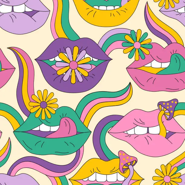 Vector illustration of Psychedelic pattern lips with flowers in 70s 80s retro hippie style