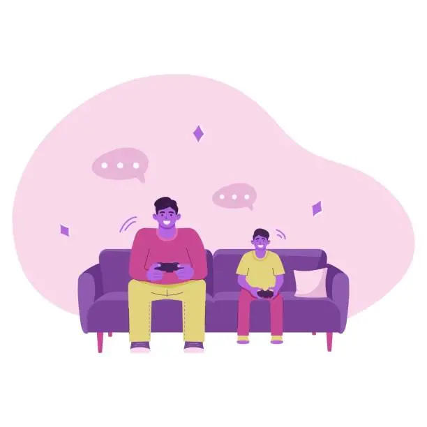 Vector illustration of Colored family members play video games