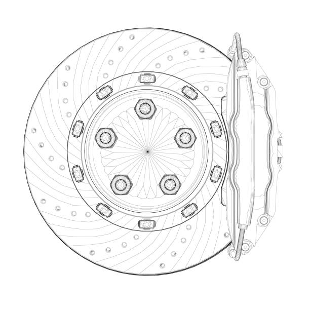 illustrations, cliparts, dessins animés et icônes de contour d’un disque de frein de voiture avec un sabot de frein à partir de lignes noires isolées sur un fond blanc. vue de face. 3d. illustration vectorielle. - white background car vehicle part brake