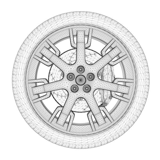 illustrations, cliparts, dessins animés et icônes de wireframe de roue de voiture à partir de lignes noires isolées sur fond blanc. vue latérale. 3d. illustration vectorielle. - white background car vehicle part brake