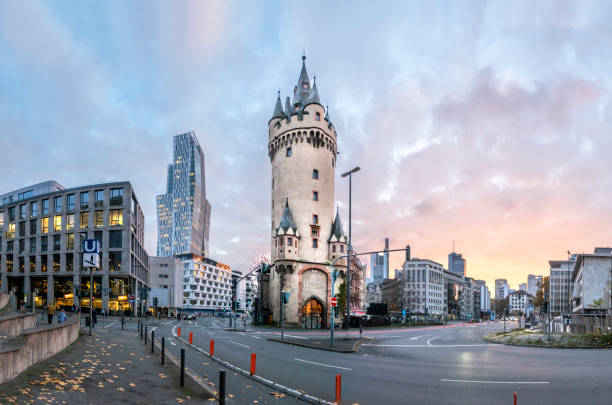 view to historic city gate  tower in Frankfurt stock photo