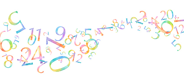 Watercolor illustration of numbers in rainbow colors. An image of the flow of time and numbers. (Vector. Layout changeable)