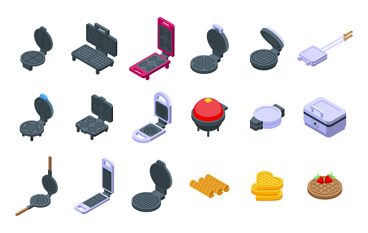 Waffle maker icons set isometric vector. Pancake baking. Cook breakfast