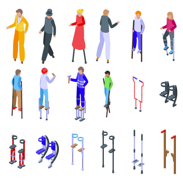 ilustraciones, imágenes clip art, dibujos animados e iconos de stock de los iconos de zancos establecen vectores isométricos. niños activos - stilts