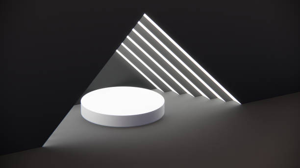 istock Abstract triangle wall background with 3D white round display stands. Black and white background. 1446880693