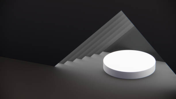 istock Abstract triangle wall background with 3D white round display stands. Black and white background. 1446881070