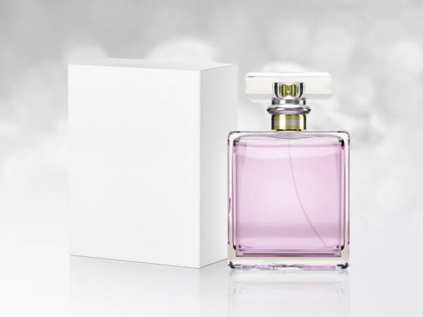 istock Perfume bottle on white shining bokeh background. 3d render 1446881245