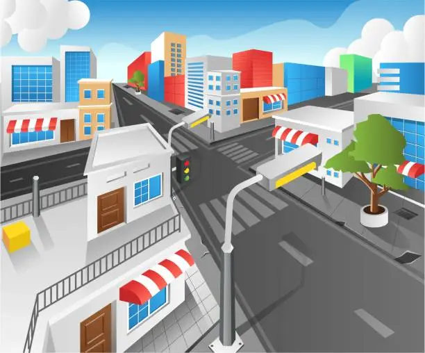 Vector illustration of Isometric flat 3d concept illustration view of city street buildings