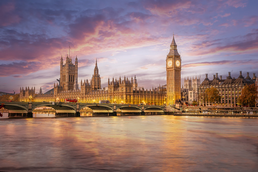 Landscape with Big Ben and Westminster palace at sunset in London, Great Britain