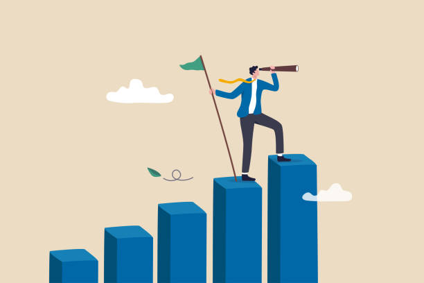 istock Vision to see next goal, motivation to success, forecast and business prediction, challenge to be better and achieve success concept, confidence businessman step on rise up graph look for next goal. 1446882977