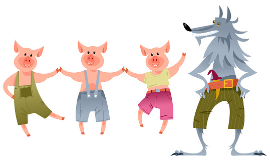Three Little Pigs and Big Bad Wolf. European folk tale. Vector illustration