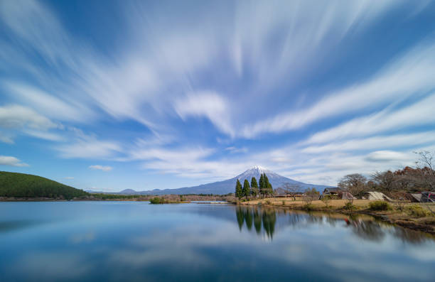 Mt. fuji over tanuki lake  in winter, with long exposure.  asagiri plateau  japan.