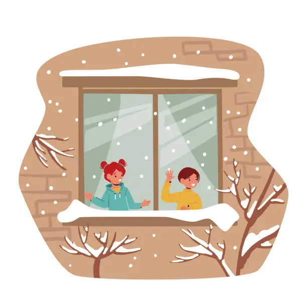 Vector illustration of Little Kids Looking on First Snow through Home Window. Cheerful Children Girl Boy Character Fascinated with Snowflakes