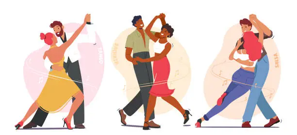 Vector illustration of Young Couples Dancing Sparetime, Characters Active Lifestyle, Men and Women Spend Time Together Tango, Bachata or Salsa