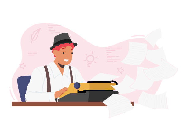 Inspired Creative Male Character Author, Writer Or Editor Sitting At Desk With Typewriter And Flying Papers Around Inspired Creative Male Character Author, Writer Or Editor Sitting at Desk With Typewriter And Flying Papers Around. Man Writes Book or Article on Vintage Typewriter. Cartoon People Vector Illustration man writing stock illustrations