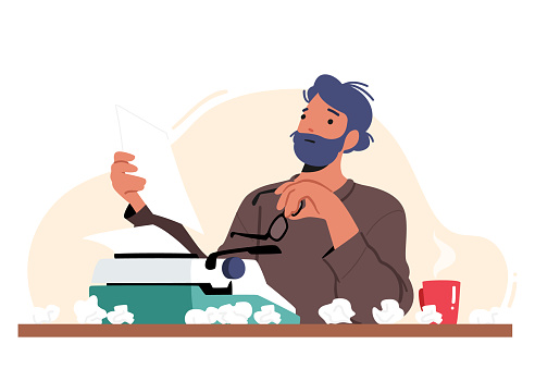 Writer, Editor Male Character Reading Text Sitting at Table with Typewriter, Coffee Cup and Crumpled Papers Scatter around. Creative Author Sitting at Workplace. Cartoon People Vector Illustration