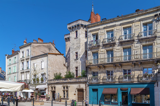 Street with historical houses in Perigueux city center, France