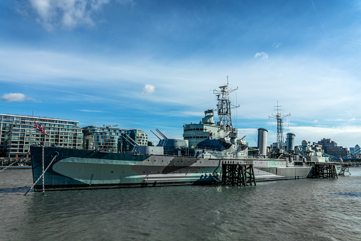 War ship HMS Belfast on the Thames river in London, UK