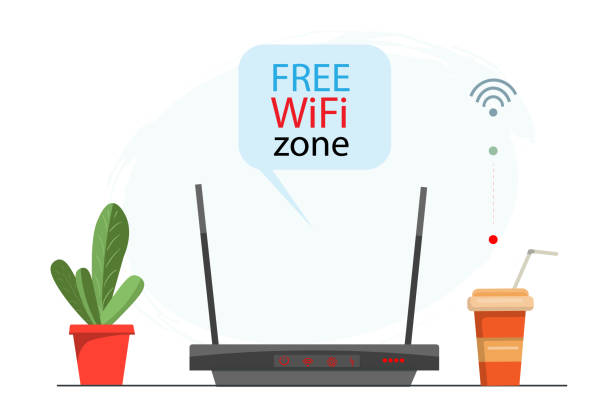 ilustrações, clipart, desenhos animados e ícones de roteador wi-fi, tecnologias de conexão sem fio, usando roteador wi-fi, zona de hotspot wi-fi gratuito, ilustração vetorial plana - network security network server it support data