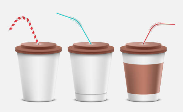 istock Realistic paper disposable cup set with lid, straw to drink beverage. Coffee, soda, tea, cocktail 1446889695