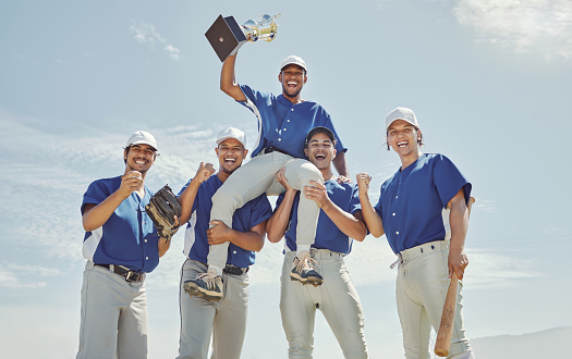 Baseball team, winner men or trophy success in fitness game, workout match or competition exercise. Portrait, smile or happy baseball players winning award in softball, field sports or stadium event