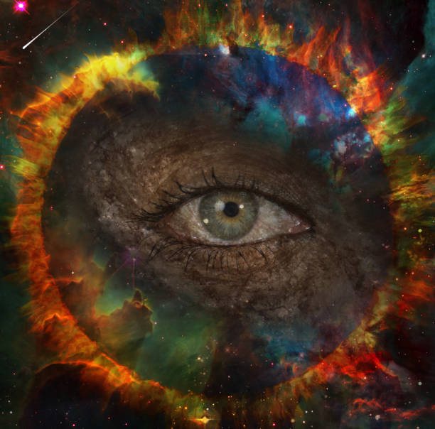 All seeing eye in space All seeing eye in space. Circle of fire. 3D rendering human eye nebula star space stock pictures, royalty-free photos & images
