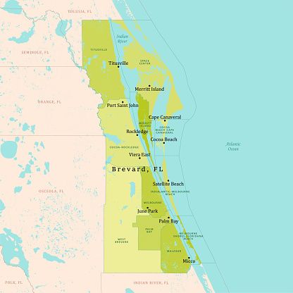 FL Brevard County Vector Map Green. All source data is in the public domain. U.S. Census Bureau Census Tiger. Used Layers: areawater, linearwater, cousub, pointlm.