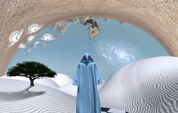istock Surreal white desert with figure in cloak 1446894789