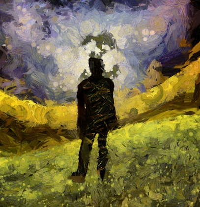 Surreal painting. Man in suit stands in field. 3D rendering