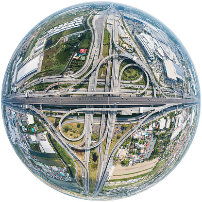 360 Degree Stereographic projection of Expressway top view, Road traffic an important infrastructure in Thailand. Road and Roundabout, multilevel junction motorway with Clipping path.
