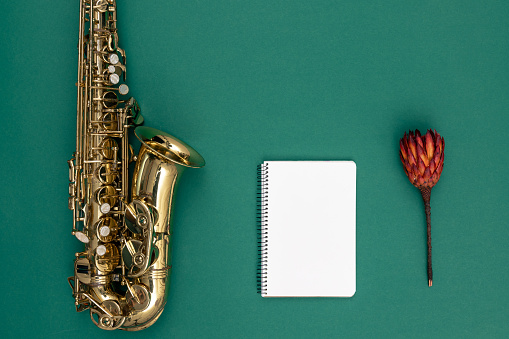 Minimalistic green background with saxophone, notepad and flower, top view, copy space.