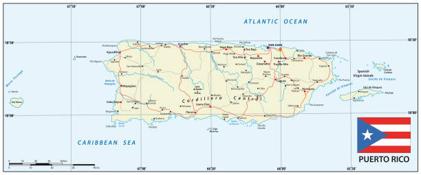 straßenkarte des us-amerikanischen territoriums puerto rico mit flagge - puerto rico map vector road stock-grafiken, -clipart, -cartoons und -symbole
