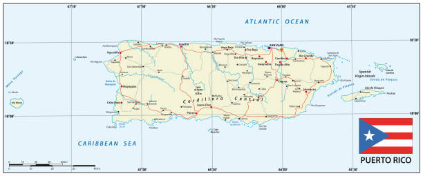 mapa drogowa terytorium amerykańskiego puerto rico z flagą - puerto rico map vector road stock illustrations