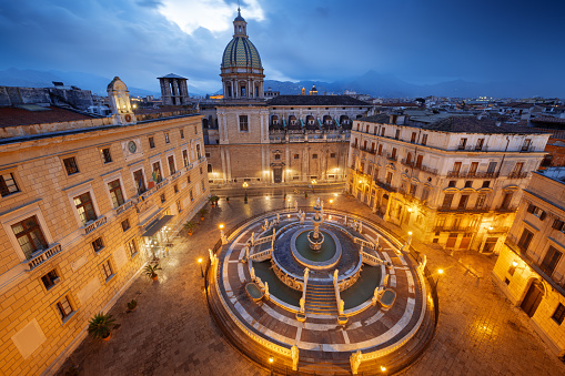 Palermo, Italy with the Praetorian Fountain at dusk.
