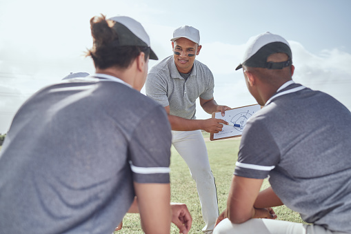Happy baseball coach, team or strategy for planning on paper clipboard for match exercise, event training or game workout on field. Coaching, motivation or teamwork fitness for sports or health goals