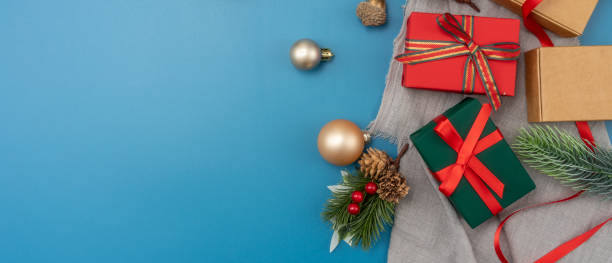 istock Christmas composition. festive decor on blue background. Copy space, flat lay, top view. 1446901012