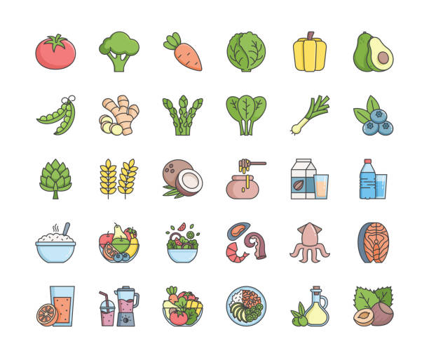 健康食品のカラーラインアイコン。編集可能なストローク。 - symbol food salad icon set点のイラスト素材／クリップアート素材／マンガ素材／アイコン素材