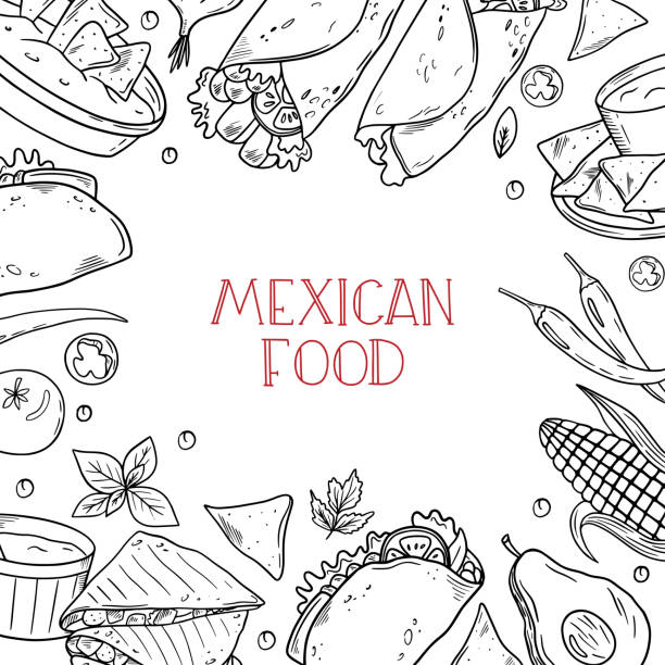мексиканская фуд-рама. кухня мексикаин. линейная графика. рисованная контурная векторная эскизная иллюстрация. черное на белом фоне.  мекси - tequila shot stock illustrations