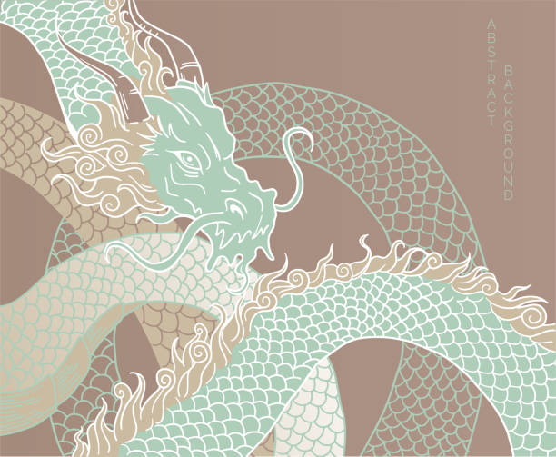 ręcznie rysowany smok w brązowo-zielonych kolorach - smok stock illustrations
