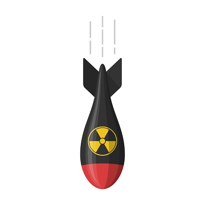 Nuclear bomb isolated on white background. Atomic rocket air bomb. Bombshell, Mmissile army. Nuke radiation vector illustration.