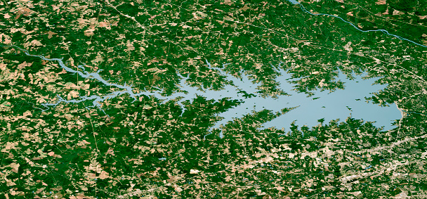 3D Render of a Topographic Map of Lake Murray, South Carolina.\nAll source data is in the public domain.\nTexture and water: Contains modified Copernicus Sentinel data (Oct 2022) courtesy of ESA. URL of source image: https://scihub.copernicus.eu/dhus/#/home.\nRelief texture: 3DEP data courtesy of USGS, The National Map. URL of source image: \nhttps://apps.nationalmap.gov/downloader/