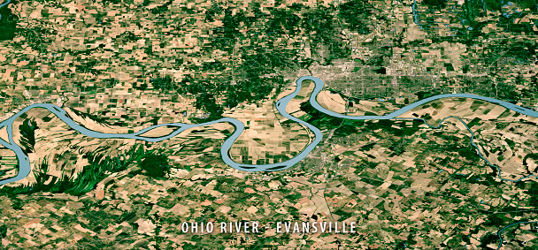 3D Render of a Topographic Map of the Ohio River near Evansville, Indiana.\nAll source data is in the public domain.\nTexture and water: Contains modified Copernicus Sentinel data (June 2022) courtesy of ESA. URL of source image: https://scihub.copernicus.eu/dhus/#/home.\nRelief texture: 3DEP data courtesy of USGS, The National Map. URL of source image: \nhttps://apps.nationalmap.gov/downloader/