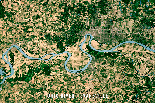 3D Render of a Topographic Map of the Ohio River near Evansville, Indiana.\nAll source data is in the public domain.\nTexture and water: Contains modified Copernicus Sentinel data (June 2022) courtesy of ESA. URL of source image: https://scihub.copernicus.eu/dhus/#/home.\nRelief texture: 3DEP data courtesy of USGS, The National Map. URL of source image: \nhttps://apps.nationalmap.gov/downloader/